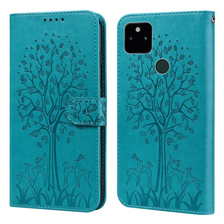 Tree and Deer Imprinted Wallet Stand Design All-round Protection Double-sided Magnetic Clasp Leather Phone Shell Case for Google Pixel 5a 5G - Blue