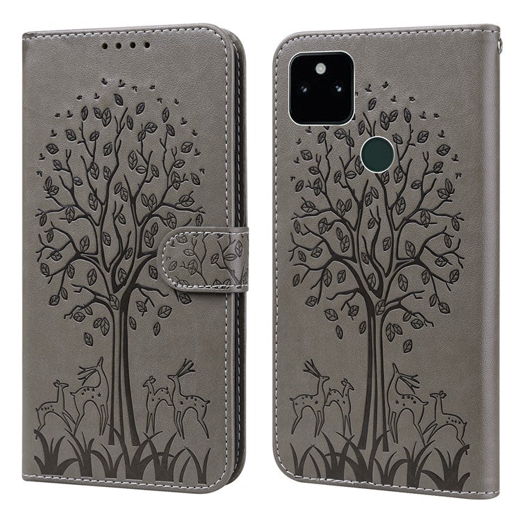 Tree and Deer Imprinted Wallet Stand Design All-round Protection Double-sided Magnetic Clasp Leather Phone Shell Case for Google Pixel 5a 5G - Grey