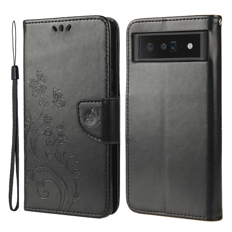 Imprint Butterflies Flower Wallet Stand Design Leather Phone Case Shell for Google Pixel 6 Pro - Black