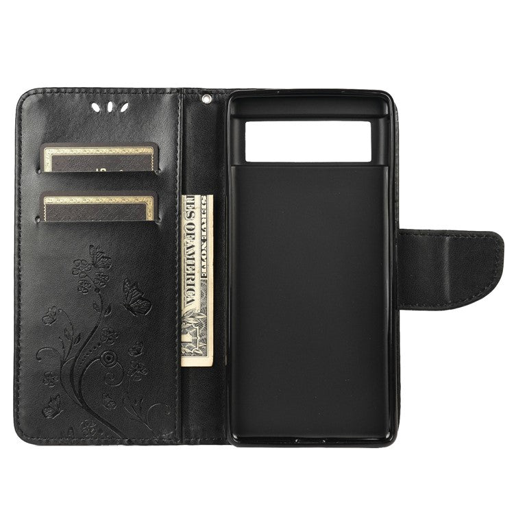 Imprint Butterflies Flower Wallet Stand Design Leather Phone Case Shell for Google Pixel 6 Pro - Black