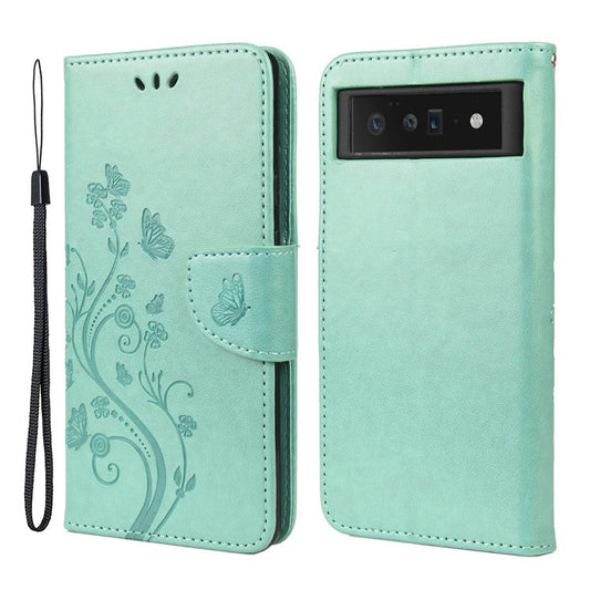 Imprint Butterflies Flower Wallet Stand Design Leather Phone Case Shell for Google Pixel 6 Pro - Green