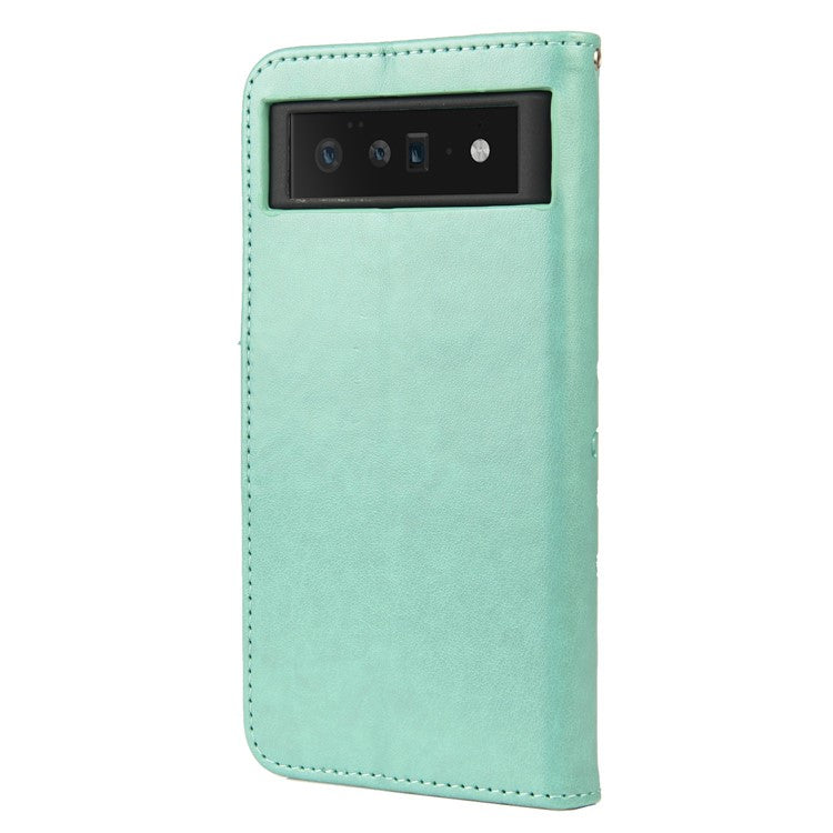 Imprint Butterflies Flower Wallet Stand Design Leather Phone Case Shell for Google Pixel 6 Pro - Green