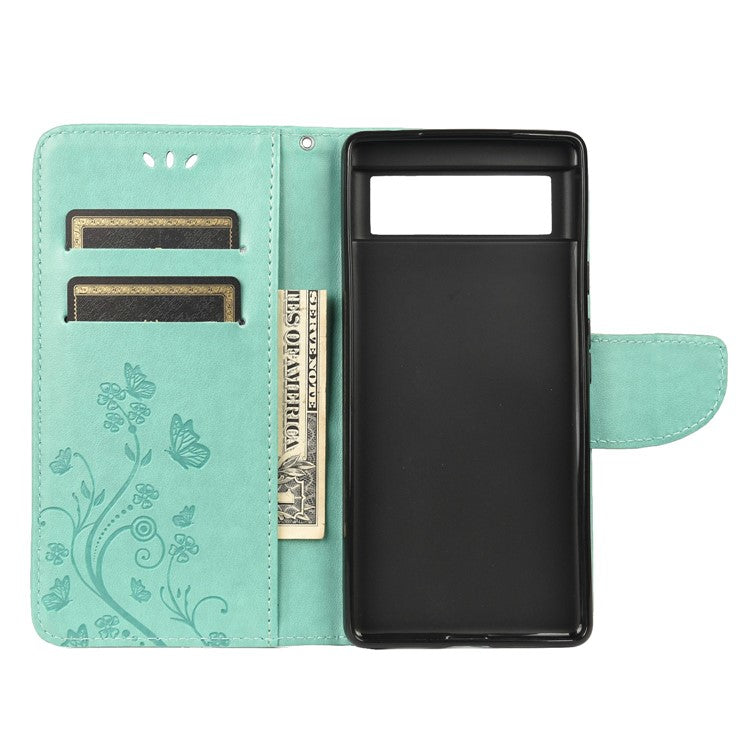 Imprint Butterflies Flower Wallet Stand Design Leather Phone Case Shell for Google Pixel 6 Pro - Green