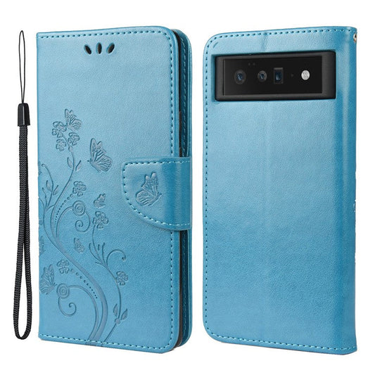 Imprint Butterflies Flower Wallet Stand Design Leather Phone Case Shell for Google Pixel 6 Pro - Blue