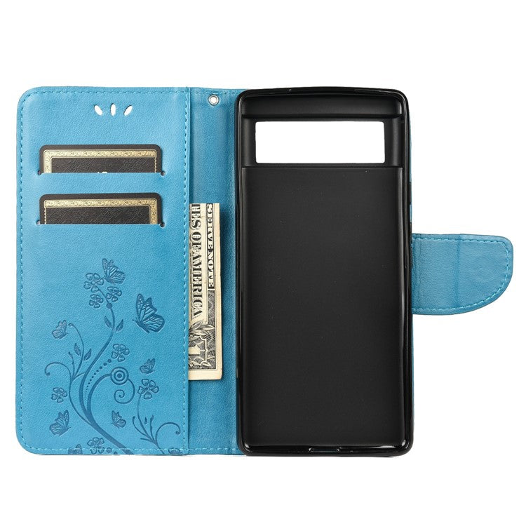 Imprint Butterflies Flower Wallet Stand Design Leather Phone Case Shell for Google Pixel 6 Pro - Blue