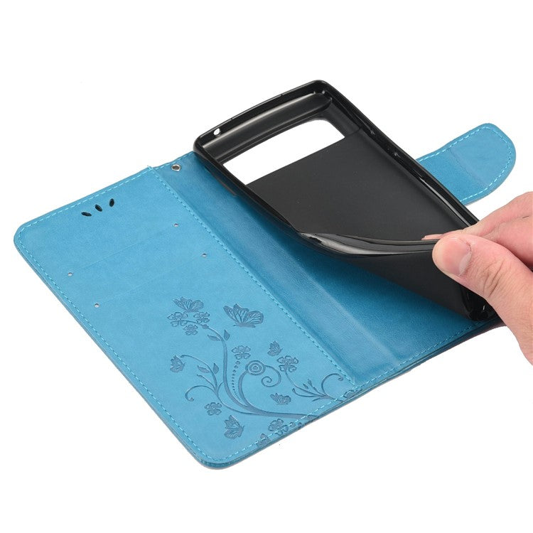 Imprint Butterflies Flower Wallet Stand Design Leather Phone Case Shell for Google Pixel 6 Pro - Blue