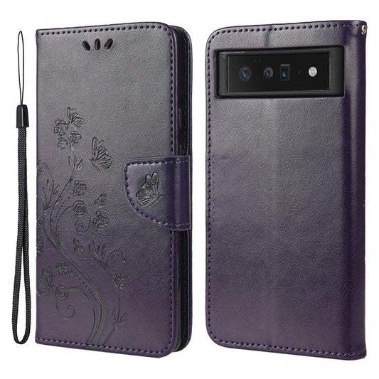 Imprint Butterflies Flower Wallet Stand Design Leather Phone Case Shell for Google Pixel 6 Pro - Purple