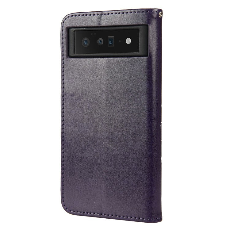 Imprint Butterflies Flower Wallet Stand Design Leather Phone Case Shell for Google Pixel 6 Pro - Purple