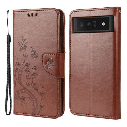 Imprint Butterflies Flower Wallet Stand Design Leather Phone Case Shell for Google Pixel 6 Pro - Brown