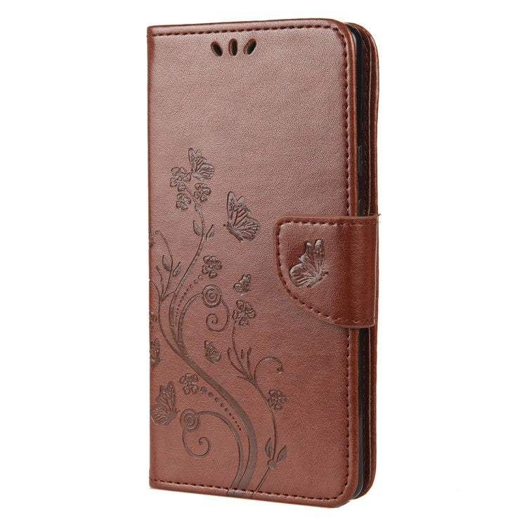 Imprint Butterflies Flower Wallet Stand Design Leather Phone Case Shell for Google Pixel 6 Pro - Brown