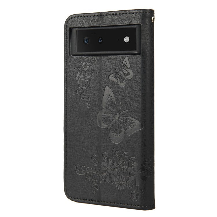 Imprinted Butterflies Flower Shockproof Leather Phone Case Shell with Wallet Stand for Google Pixel 6 - Black