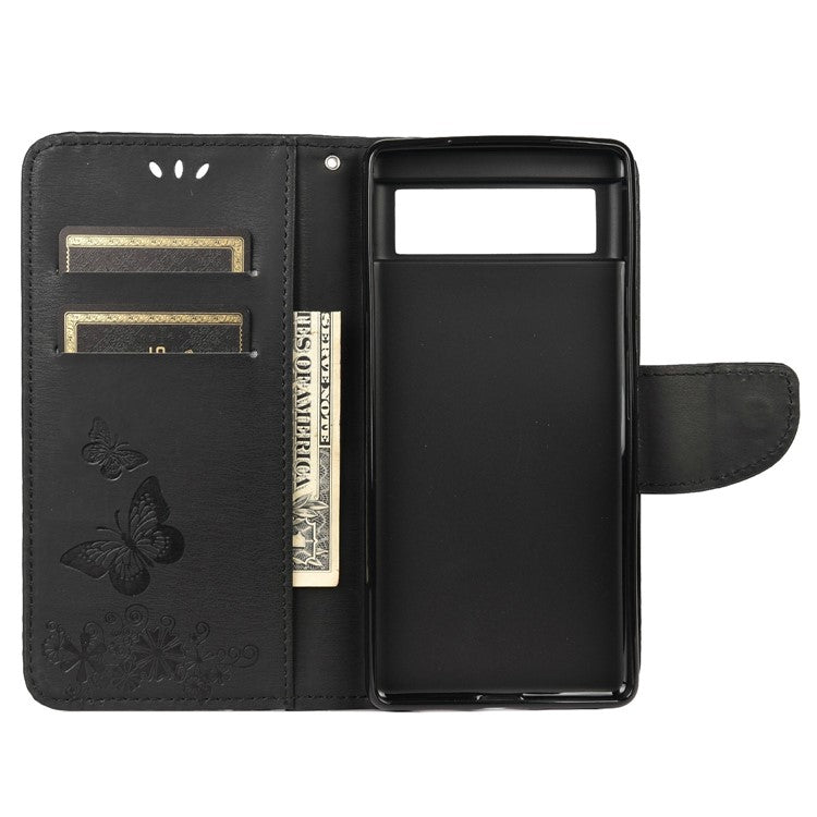 Imprinted Butterflies Flower Shockproof Leather Phone Case Shell with Wallet Stand for Google Pixel 6 - Black