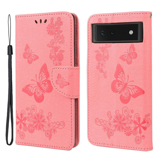 Imprinted Butterflies Flower Shockproof Leather Phone Case Shell with Wallet Stand for Google Pixel 6 - Pink