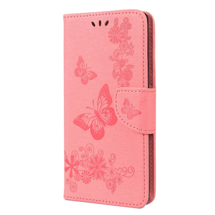 Imprinted Butterflies Flower Shockproof Leather Phone Case Shell with Wallet Stand for Google Pixel 6 - Pink