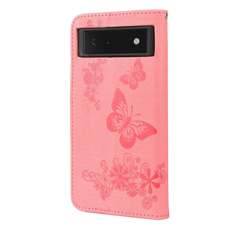 Imprinted Butterflies Flower Shockproof Leather Phone Case Shell with Wallet Stand for Google Pixel 6 - Pink
