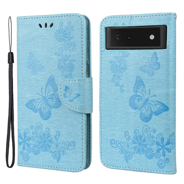 Imprinted Butterflies Flower Shockproof Leather Phone Case Shell with Wallet Stand for Google Pixel 6 - Blue
