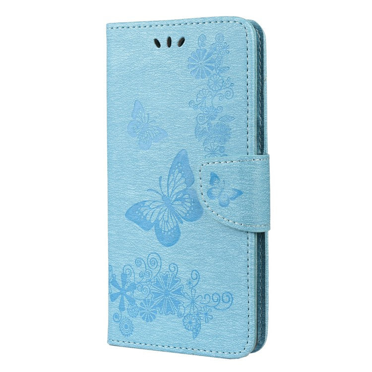 Imprinted Butterflies Flower Shockproof Leather Phone Case Shell with Wallet Stand for Google Pixel 6 - Blue
