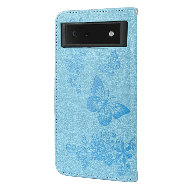 Imprinted Butterflies Flower Shockproof Leather Phone Case Shell with Wallet Stand for Google Pixel 6 - Blue