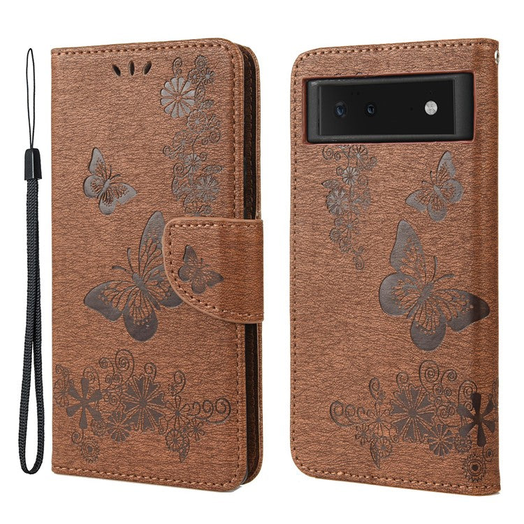 Imprinted Butterflies Flower Shockproof Leather Phone Case Shell with Wallet Stand for Google Pixel 6 - Brown