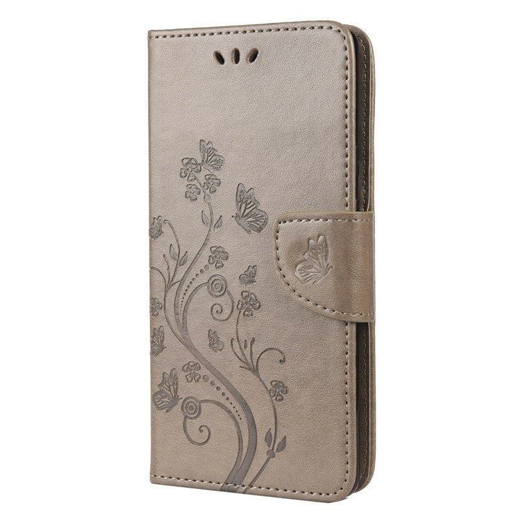 Full Protection Imprint Butterflies Flower Pattern Leather Phone Stand Wallet Case Cover for Google Pixel 6 - Grey