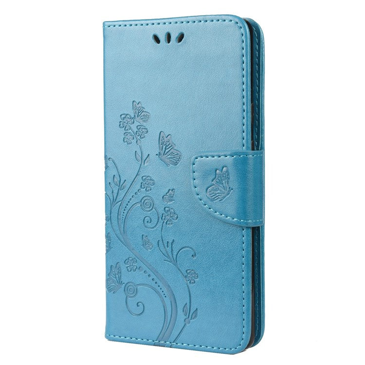 Full Protection Imprint Butterflies Flower Pattern Leather Phone Stand Wallet Case Cover for Google Pixel 6 - Blue