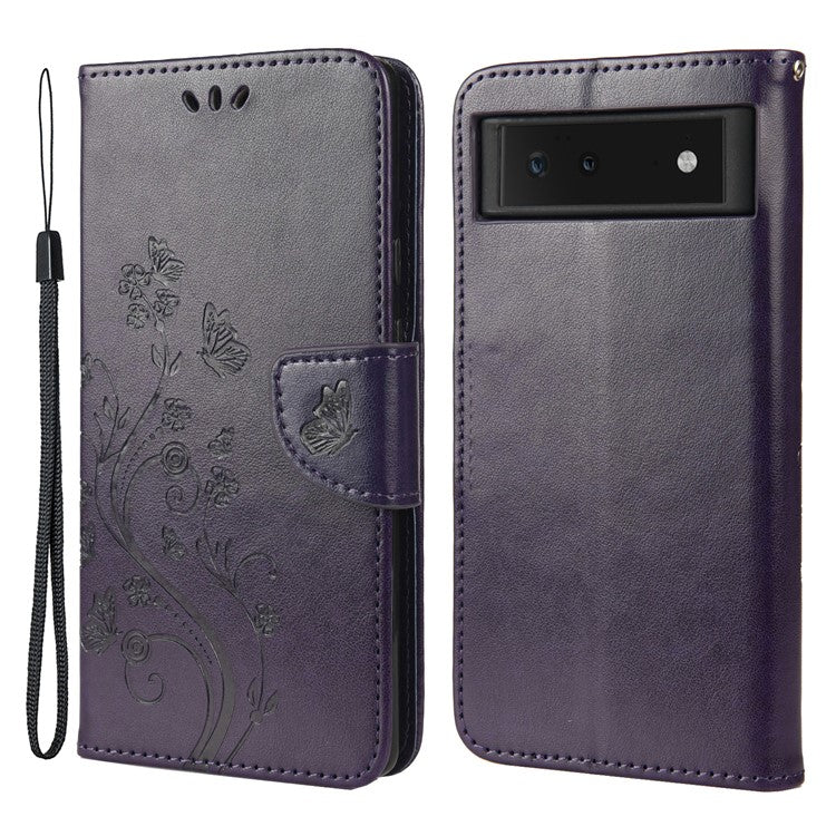 Full Protection Imprint Butterflies Flower Pattern Leather Phone Stand Wallet Case Cover for Google Pixel 6 - Purple
