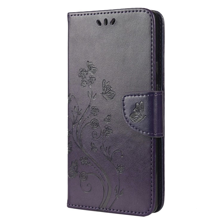 Full Protection Imprint Butterflies Flower Pattern Leather Phone Stand Wallet Case Cover for Google Pixel 6 - Purple