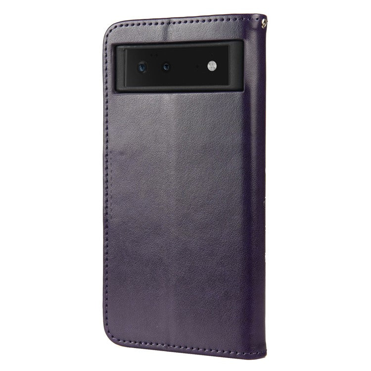 Full Protection Imprint Butterflies Flower Pattern Leather Phone Stand Wallet Case Cover for Google Pixel 6 - Purple