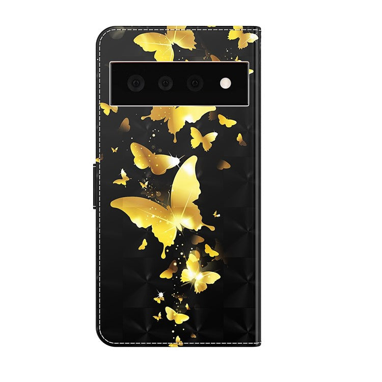 3D Creative Pattern Design PU Leather Wallet Shockproof Stand Flip Magnetic Case with Strap for Google Pixel 6 Pro - Golden Butterflies