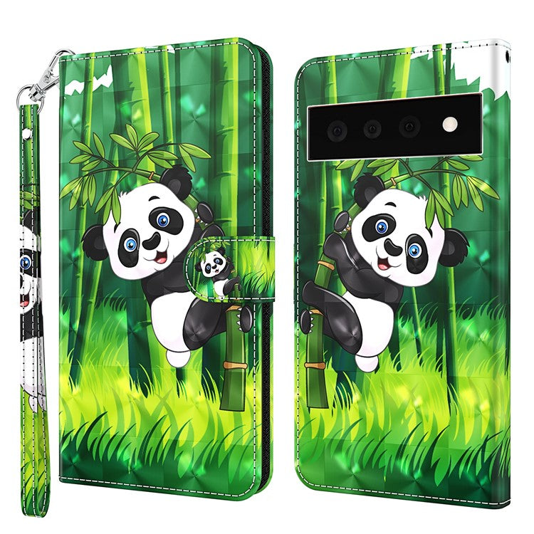 3D Creative Pattern Design PU Leather Wallet Shockproof Stand Flip Magnetic Case with Strap for Google Pixel 6 Pro - Panda Climbing Bamboo
