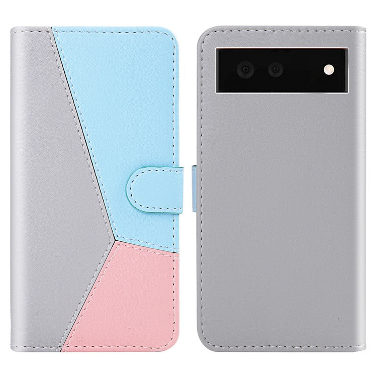 Stylish Tri-color Splicing Design Stand Wallet Full Protection Leather Cover Phone Case for Google Pixel 6 - Grey/Blue/Pink