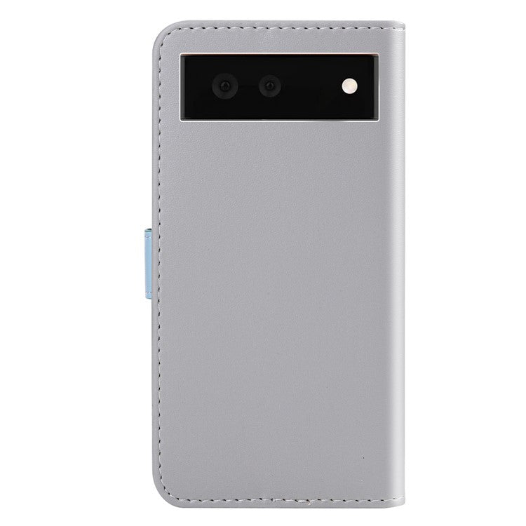 Stylish Tri-color Splicing Design Stand Wallet Full Protection Leather Cover Phone Case for Google Pixel 6 - Grey/Blue/Pink
