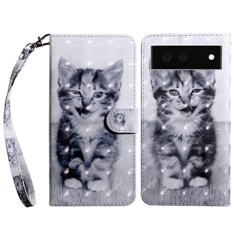 3D Pattern Printing Soft PU Leather Stand Magnetic Flip Wallet Phone Case with Strap for Google Pixel 6 - Cat