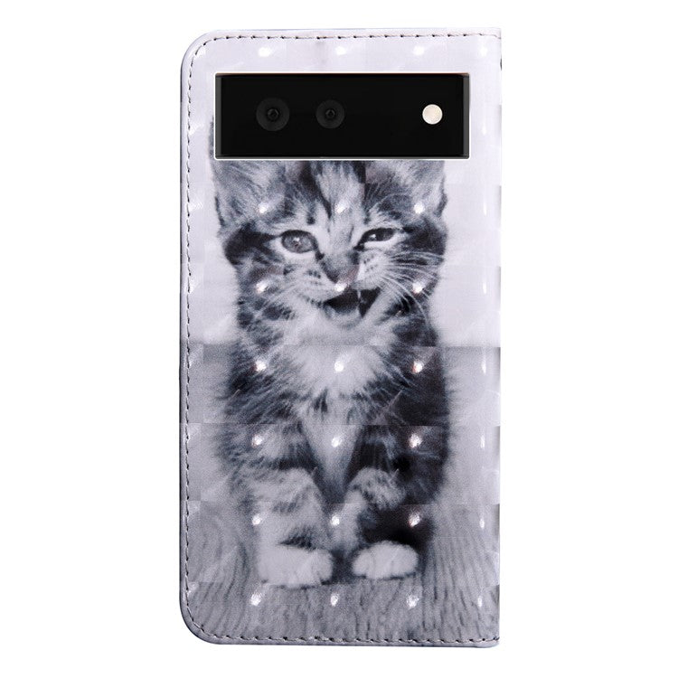 3D Pattern Printing Soft PU Leather Stand Magnetic Flip Wallet Phone Case with Strap for Google Pixel 6 - Cat