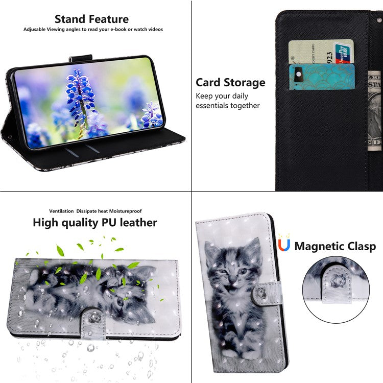 3D Pattern Printing Soft PU Leather Stand Magnetic Flip Wallet Phone Case with Strap for Google Pixel 6 - Cat