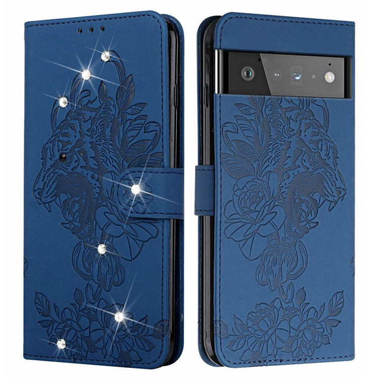 Tiger Head Imprinted Rhinestone Design Wallet Stand Leather Protective Phone Case Shell for Google Pixel 6 Pro - Blue