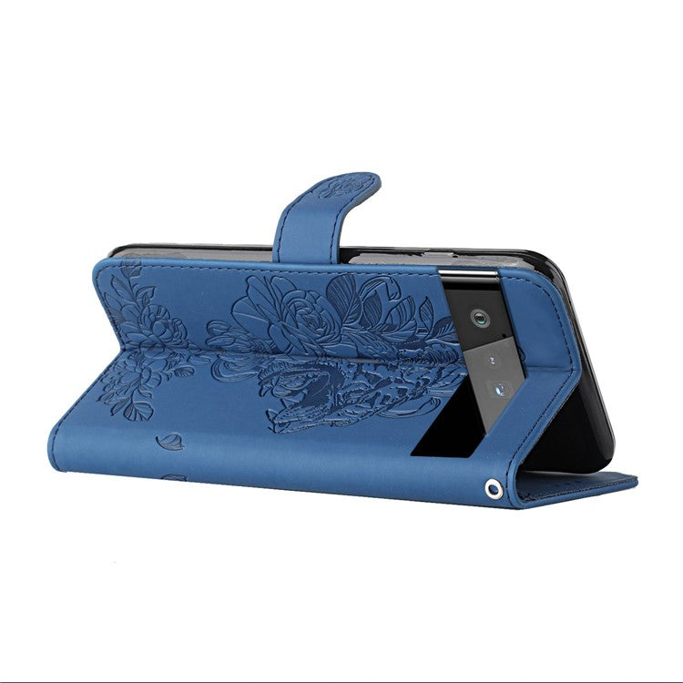 Tiger Head Imprinted Rhinestone Design Wallet Stand Leather Protective Phone Case Shell for Google Pixel 6 Pro - Blue