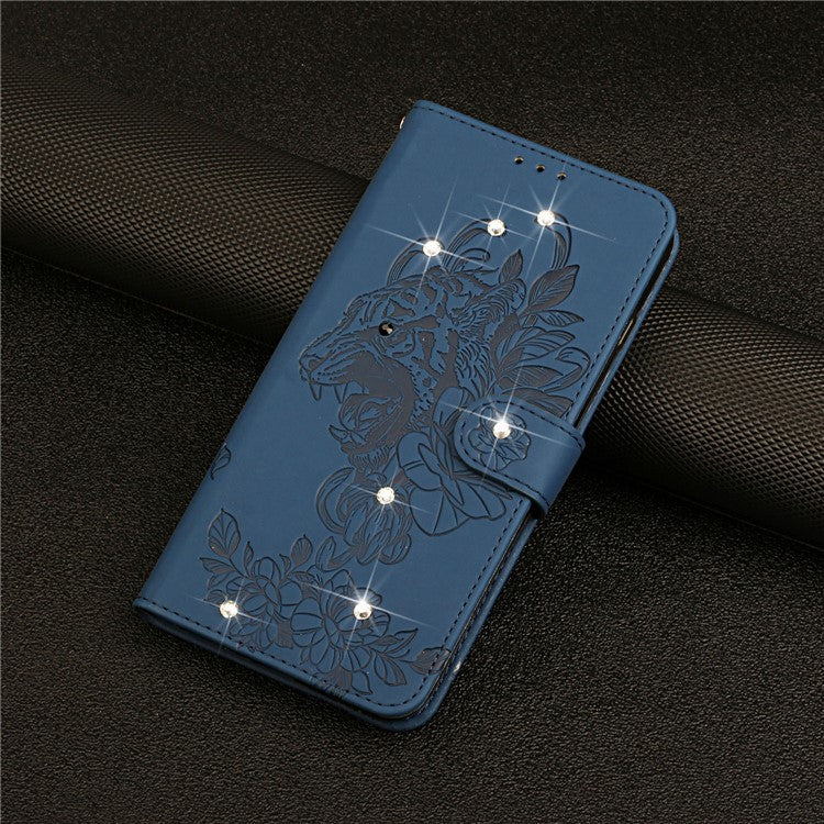 Tiger Head Imprinted Rhinestone Design Wallet Stand Leather Protective Phone Case Shell for Google Pixel 6 Pro - Blue