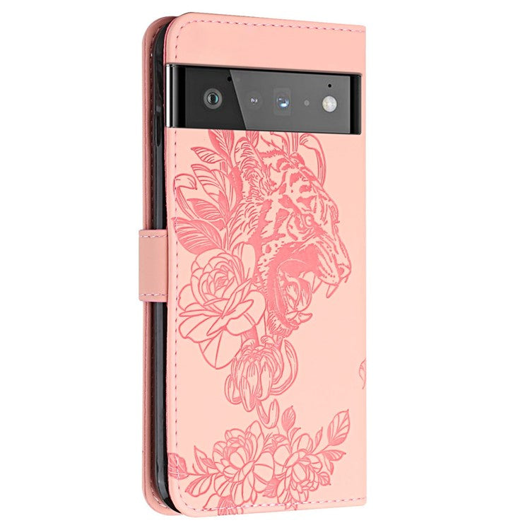 Tiger Head Imprinted Rhinestone Design Wallet Stand Leather Protective Phone Case Shell for Google Pixel 6 Pro - Pink