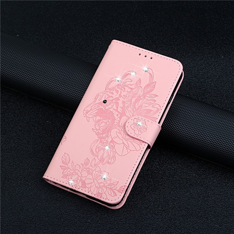 Tiger Head Imprinted Rhinestone Design Wallet Stand Leather Protective Phone Case Shell for Google Pixel 6 Pro - Pink