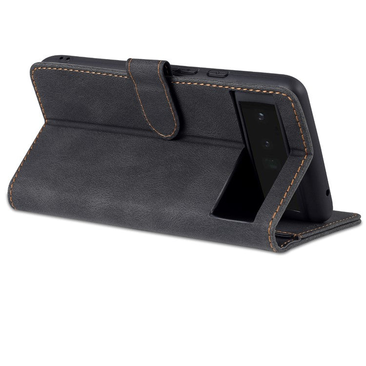 AZNS TPU+PU Leather Wallet Stand Phone Case Shockproof Protection Flip Phone Shell for Google Pixel 6 - Black