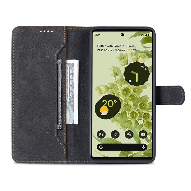 AZNS TPU+PU Leather Wallet Stand Phone Case Shockproof Protection Flip Phone Shell for Google Pixel 6 - Black