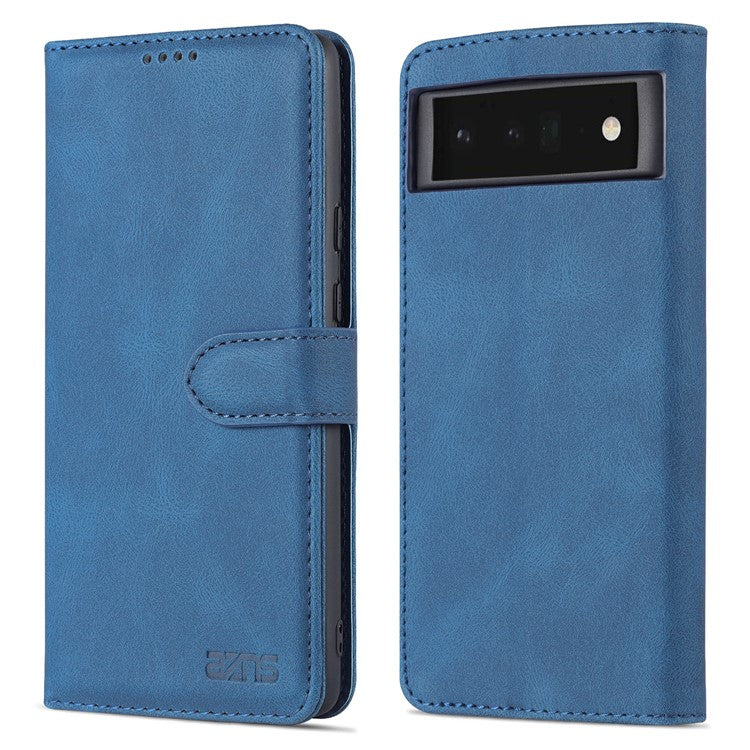 AZNS TPU+PU Leather Wallet Stand Phone Case Well-protected Flip Phone Shell for Google Pixel 6 Pro - Blue