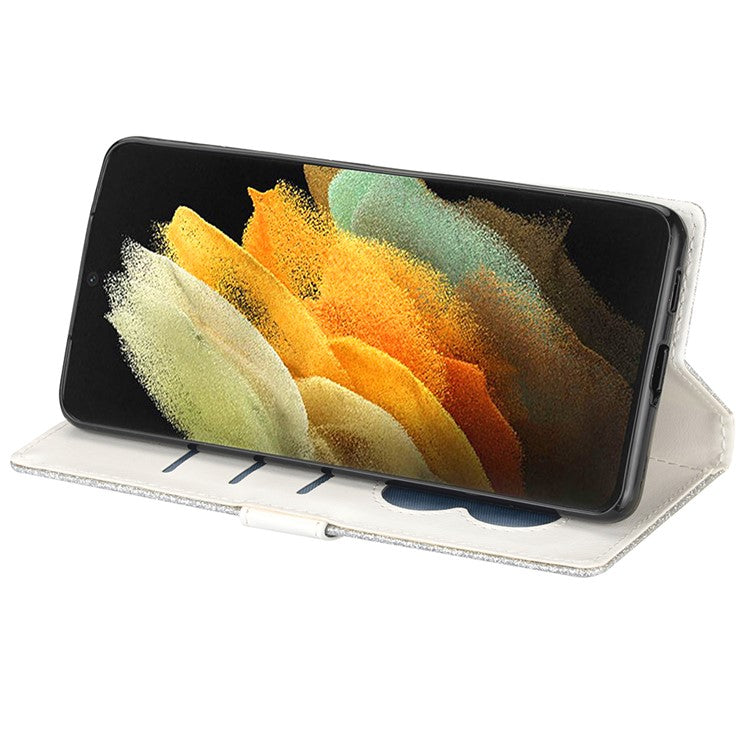 Glitter Sequins Magnetic Clasp Well-protected Anti-shock Zipper Pocket Wallet Flip Leather Phone Cover with Stand for Google Pixel 6 - Silver