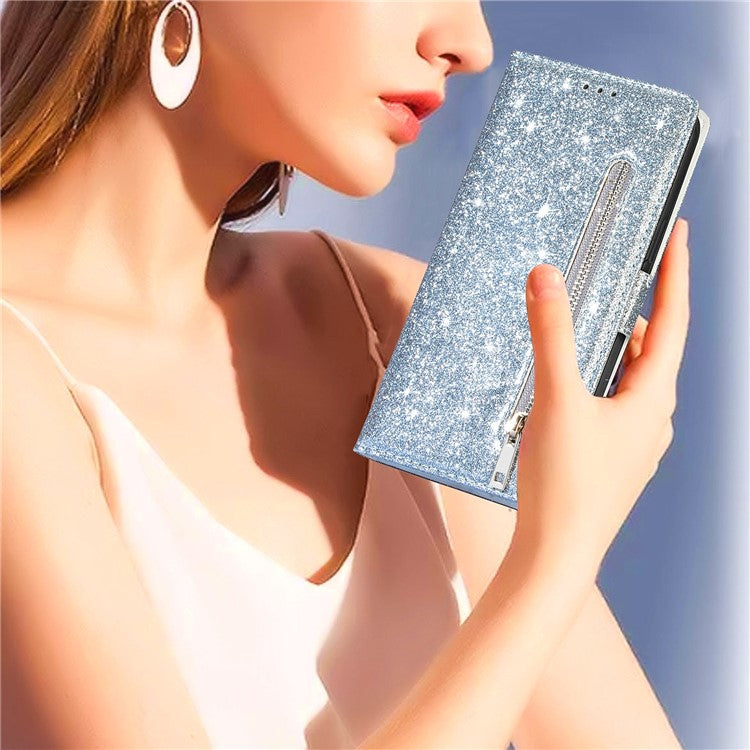 Glitter Sequins Magnetic Clasp Well-protected Anti-shock Zipper Pocket Wallet Flip Leather Phone Cover with Stand for Google Pixel 6 - Silver