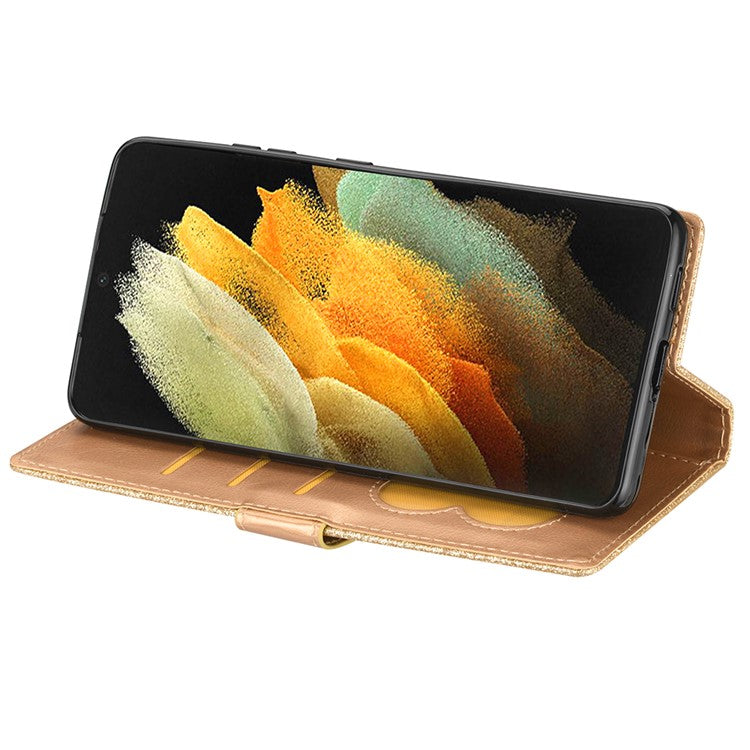 Glitter Sequins Magnetic Clasp Well-protected Anti-shock Zipper Pocket Wallet Flip Leather Phone Cover with Stand for Google Pixel 6 - Gold