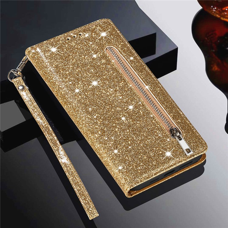 Glitter Sequins Magnetic Clasp Well-protected Anti-shock Zipper Pocket Wallet Flip Leather Phone Cover with Stand for Google Pixel 6 - Gold