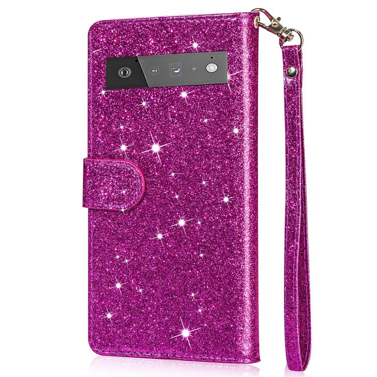 Glitter Sequins Magnetic Clasp Well-protected Anti-shock Zipper Pocket Wallet Flip Leather Phone Cover with Stand for Google Pixel 6 - Purple