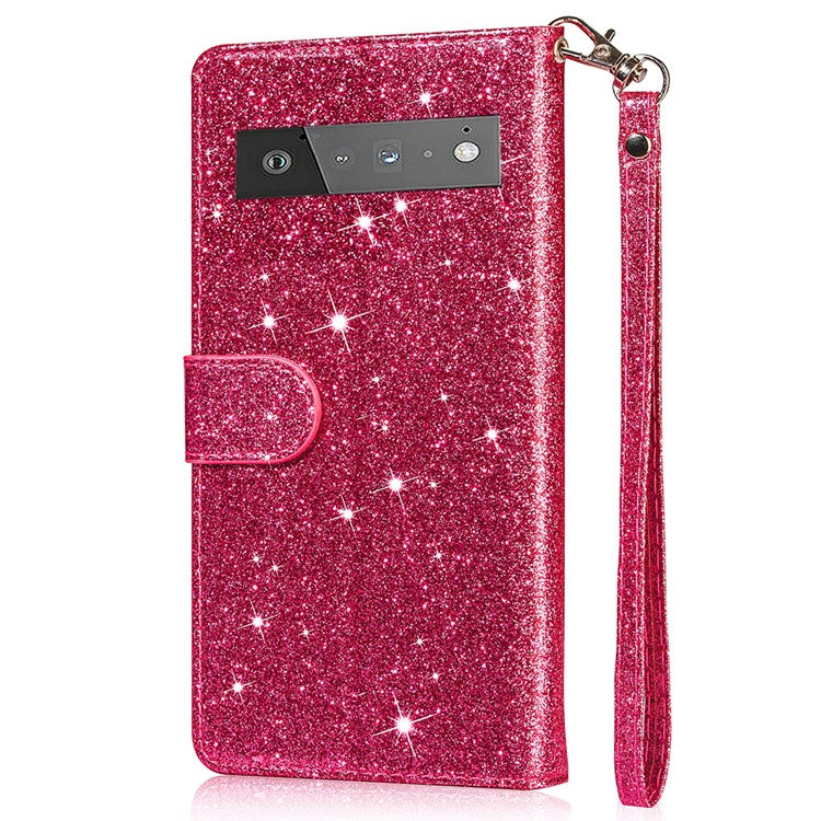 Glitter Sequins Magnetic Clasp Well-protected Anti-shock Zipper Pocket Wallet Flip Leather Phone Cover with Stand for Google Pixel 6 - Rose