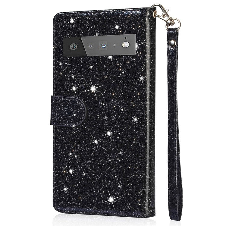 Glitter Sequins Magnetic Clasp Well-protected Anti-shock Zipper Pocket Wallet Flip Leather Phone Cover with Stand for Google Pixel 6 - Black